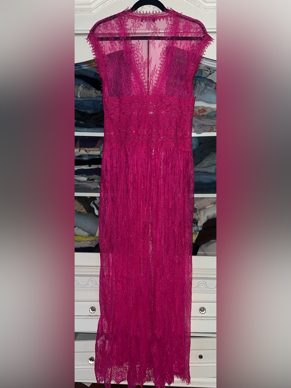 💖NWOT Fuchsia sheer Lace Maxi kimono duster with gold hardware size large💕